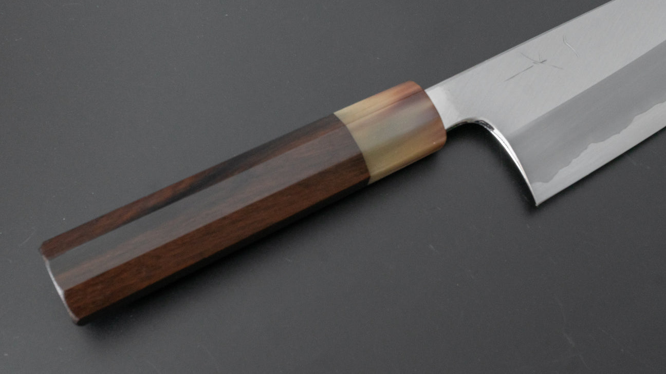 Hitohira Togashi Blue #1 Stainless Clad Migaki Bunka 180mm Taihei Makassar Ebony Handle