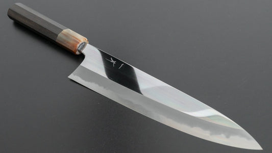 Hitohira Tanaka Kyuzo blauw #1 spiegel Gyuto 240 mm Taihei ebbenhouten handvat