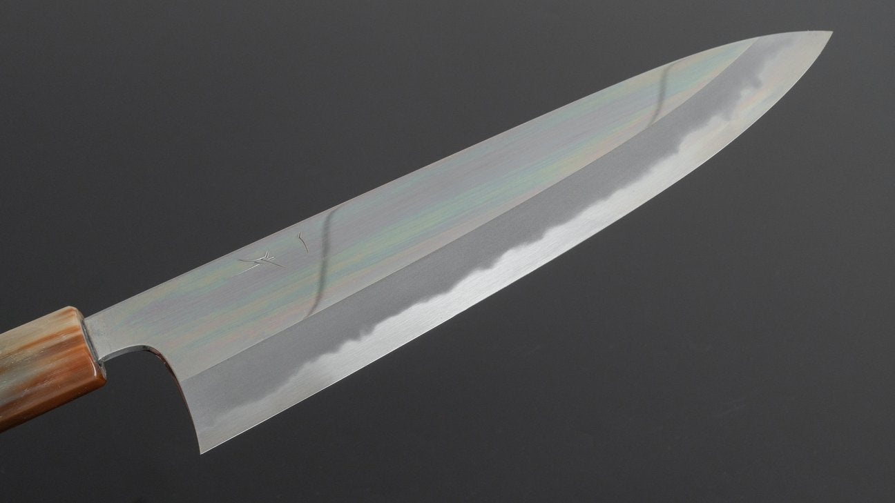 Hitohira Tanaka Kyuzo blauw #1 spiegel Gyuto 240 mm Taihei ebbenhouten handvat