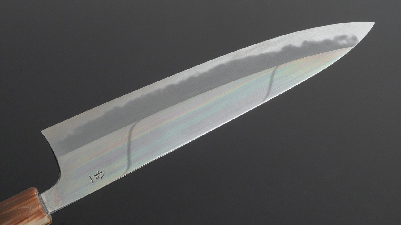 Hitohira Tanaka Kyuzo blauw #1 spiegel Gyuto 240 mm Taihei ebbenhouten handvat