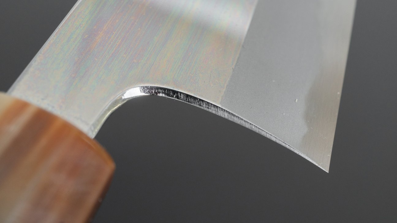 Hitohira Tanaka Kyuzo blauw #1 spiegel Gyuto 240 mm Taihei ebbenhouten handvat