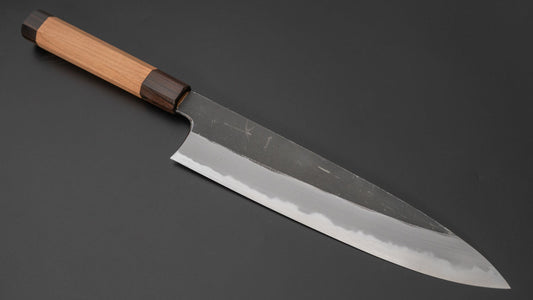 Hitohira Togashi Blue #2 Kurouchi Gyuto 240 mm kersenhouten handvat (ebbenhouten uiteinde)